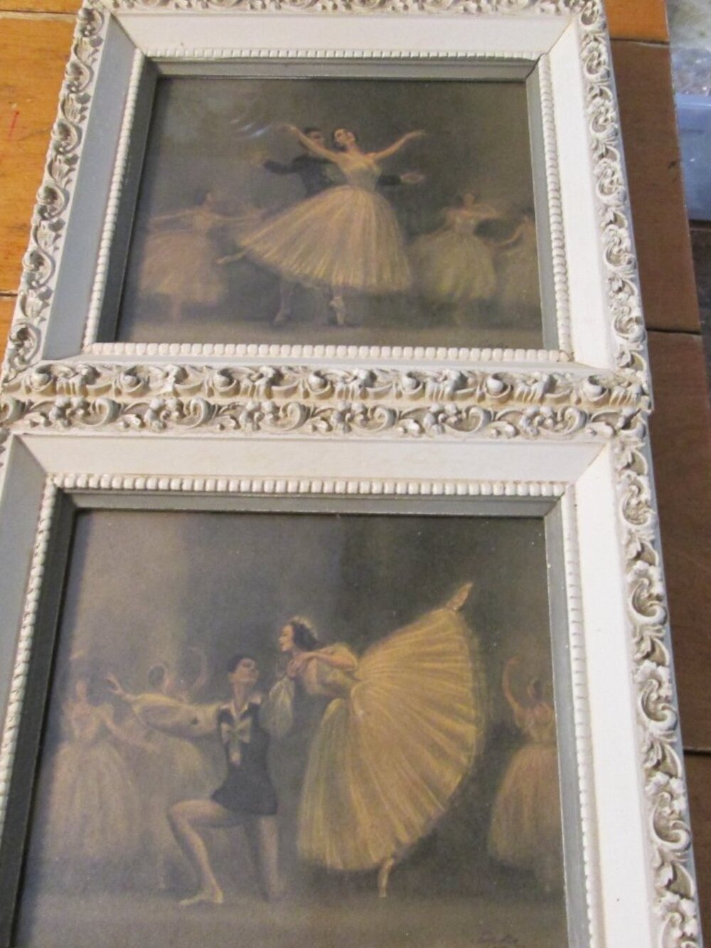 2 Vtg framed Under Glass Ballerina couple signed Sophie white gold wood frames - Picture 6 of 15